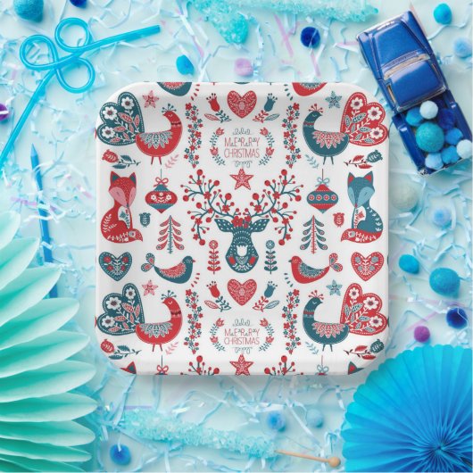 ネイビー&レッドクリスマスススススススカンジナビアフォークアートデザイン ペーパープレート (パーティー)