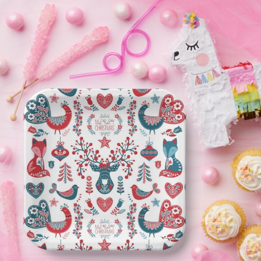 ネイビー&レッドクリスマスススススススカンジナビアフォークアートデザイン ペーパープレート (パーティー)