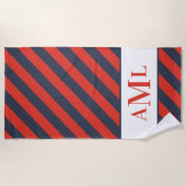 ネイビー&レッドストライプのパーソナライズされたビーチタオル ビーチタオル (正面)