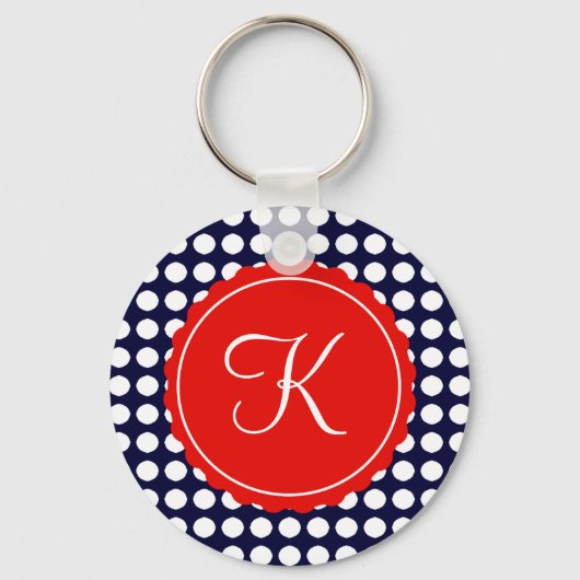 ネイビー&レッド水玉模様カスタムイニシャル キーホルダー (正面)