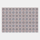 ネイビー、レッド、ティール(緑がかった色)フローラモチーフ付きタイルパターン ラッピングペーパーシート (正面3)