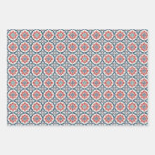 ネイビー、レッド、ティール(緑がかった色)フローラモチーフ付きタイルパターン ラッピングペーパーシート (正面2)