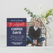 ネイビー・レッド・フォト卒業パーティー招待状 セーブザデート (スタンド正面)