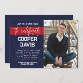 ネイビー・レッド・フォト卒業パーティー招待状 セーブザデート (正面/裏面)