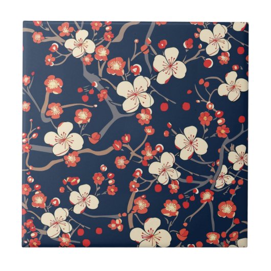 ネイビー レッド 桜 日本の花柄 タイル (正面)