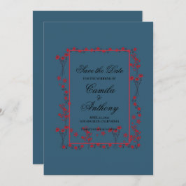 ネイビー レッド 花柄 ボーダー 結婚式 Save The Date 招待状