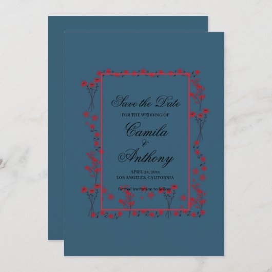 ネイビー レッド 花柄 ボーダー 結婚式 Save The Date 招待状 (正面/裏面)