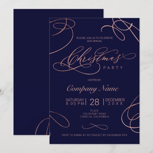 ネイビー ローズゴールド フロリッシュ スクリプト クリスマス コーポレート 招待状 (正面/裏面)