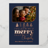 ネイビー＆ローズゴールド レトロドゥードル クリスマス フォト 箔シーズンカード (正面)