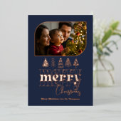 ネイビー & ローズゴールド レトロ ドゥードル クリスマス フォト 箔シーズンカード (立ち正面)