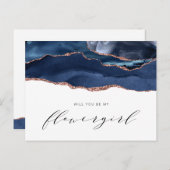 ネイビー ローズ ゴールド アゲート 私のフラワーガールになってくれる? インビテーションポストカード (正面/裏面)