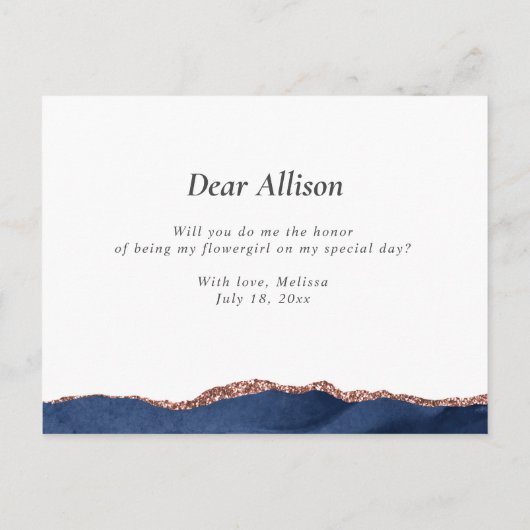 ネイビー ローズ ゴールド アゲート 私のフラワーガールになってくれる? インビテーションポストカード (裏面)