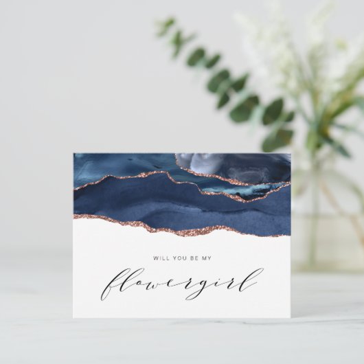 ネイビー ローズ ゴールド アゲート 私のフラワーガールになってくれる? インビテーションポストカード (スタンド正面)