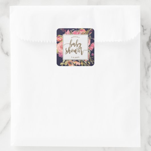 ネイビー・ワイルドフラワーフローラベイビーシャワーステッカー スクエアシール (バッグ)
