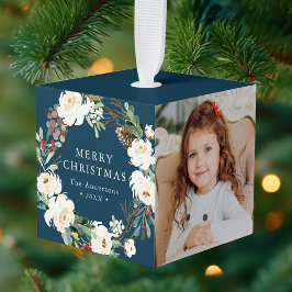 ネイビー |冬のフローラリース写真 キューブオーナメント