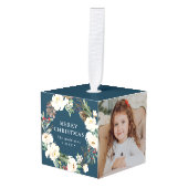 ネイビー |冬のフローラリース写真 キューブオーナメント (正面アングル)