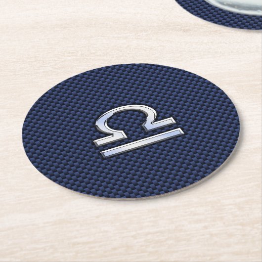 ネイビー〔占星術の〕十二宮図のライブラカーボンファイバーの記号 ラウンドペーパーコースター (アングル)