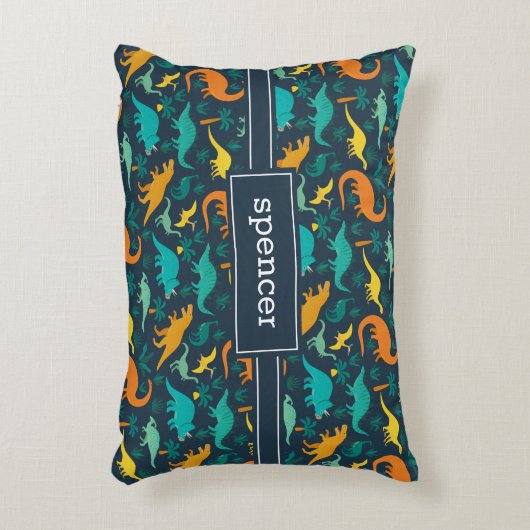 ネイビー |可愛いカラフル恐竜のパターン子供の名前 アクセントクッション (正面(垂直))