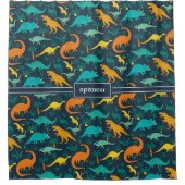 ネイビー |可愛いカラフル恐竜のパターン子供の名前 シャワーカーテン (正面)