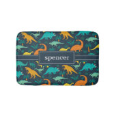 ネイビー |可愛いカラフル恐竜のパターン子供の名前 バスマット (正面)