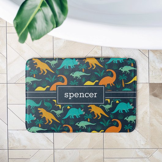 ネイビー |可愛いカラフル恐竜のパターン子供の名前 バスマット