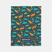 ネイビー |可愛いカラフル恐竜のパターン子供の名前 フリースブランケット (正面)