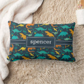 ネイビー |可愛いカラフル恐竜のパターン子供の名前 ランバークッション (ブランケット)