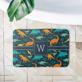ネイビー |可愛いカラフル恐竜の柄キッドモノグラム バスマット