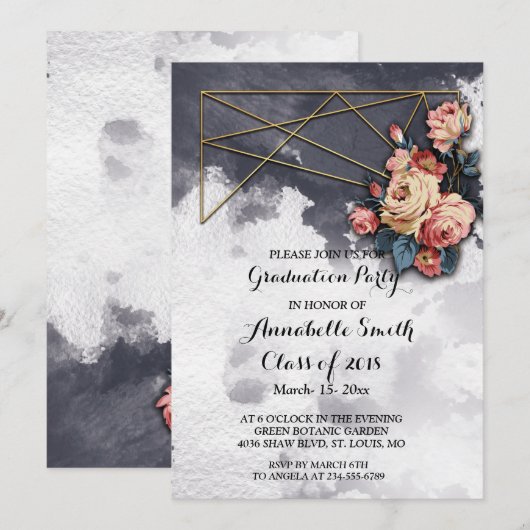 ネイビー 幾何学 水彩 卒業パーティー 招待状 (正面/裏面)