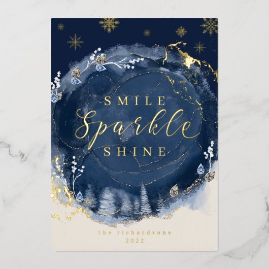 ネイビー 水彩インク & ジュエルズ 雪の冬の森 箔シーズンカード (正面)