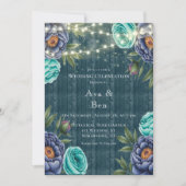 ネイビー 牡丹 & ターコイズ ローズ ウェディング セレブレーション 招待状 (正面)