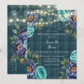 ネイビー 牡丹 & ターコイズ ローズ ウェディング セレブレーション 招待状 (正面/裏面)