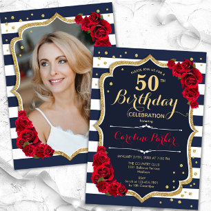 ネイビー 白 ストライプ 赤いバラの写真 50歳の誕生日 招待状