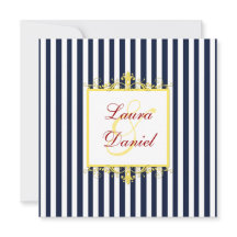 ネイビー、白、黄色、赤のストライプとスクロール招待状