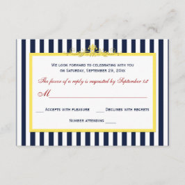 ネイビー、白、黄色、赤のストライプのスクロール式返信カード 出欠カード