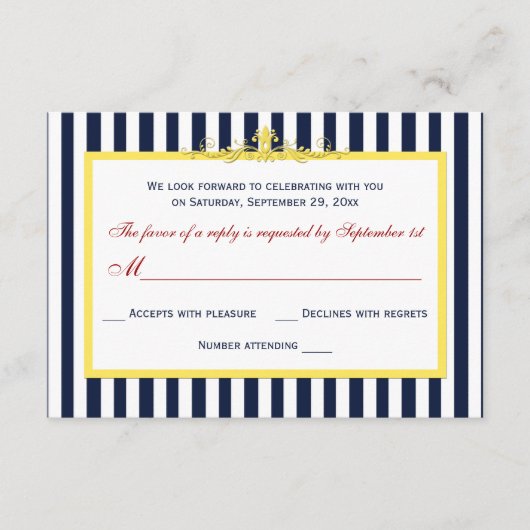 ネイビー、白、黄色、赤のストライプのスクロール式返信カード 出欠カード (正面)