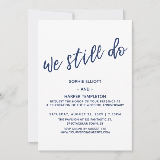 ネイビー 私たちはいまだに誓う 現代の手書きアニバーサリー 招待状 (正面)