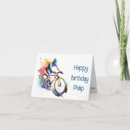 ネイビー、紫、オレンジのサイクリストの誕生日カード カード