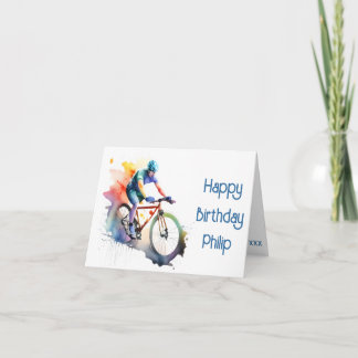 ネイビー、紫、オレンジのサイクリストの誕生日カード カード