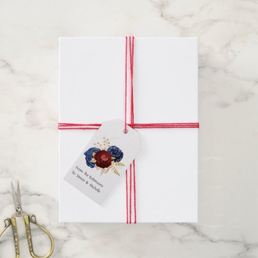 ネイビー、赤とゴールドの花の結婚式 ギフトタグ (より糸付き)