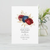 ネイビー、赤とゴールドの花の結婚式 招待状 (スタンド正面)