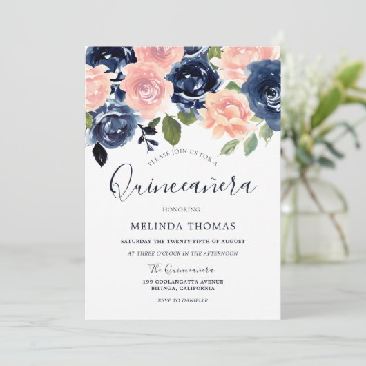 ネイビー&赤面ウォーターカラーキンセアニラ15誕生日 招待状 (スタンド正面)