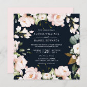 ネイビー&赤面ウォーターカラーフラワーエレガントな結婚式 招待状 (正面/裏面)