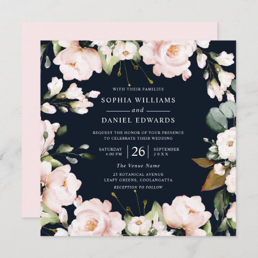 ネイビー&赤面ウォーターカラーフラワーエレガントな結婚式 招待状 (正面/裏面)