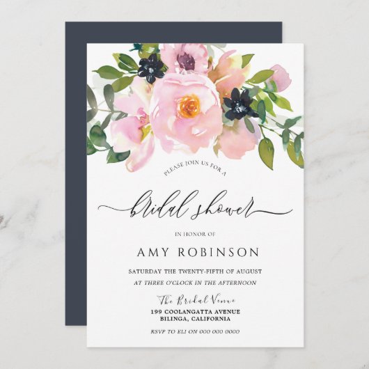 ネイビー&赤面ウォーターカラーフラワーズブライダルシャワー 招待状 (正面/裏面)