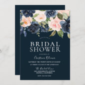 ネイビー&赤面ウォーターカラーフラワーズブライダルシャワー 招待状 (正面/裏面)