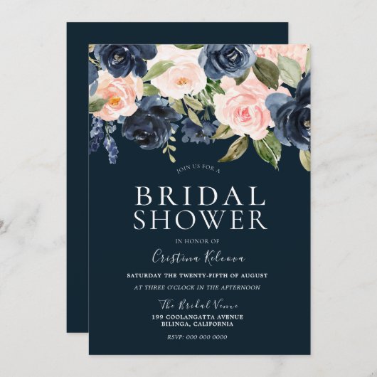 ネイビー&赤面ウォーターカラーフラワーズブライダルシャワー 招待状 (正面/裏面)
