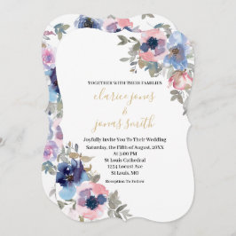 ネイビー&赤面ウォーターカラーフラワーズ結婚式招待状 招待状