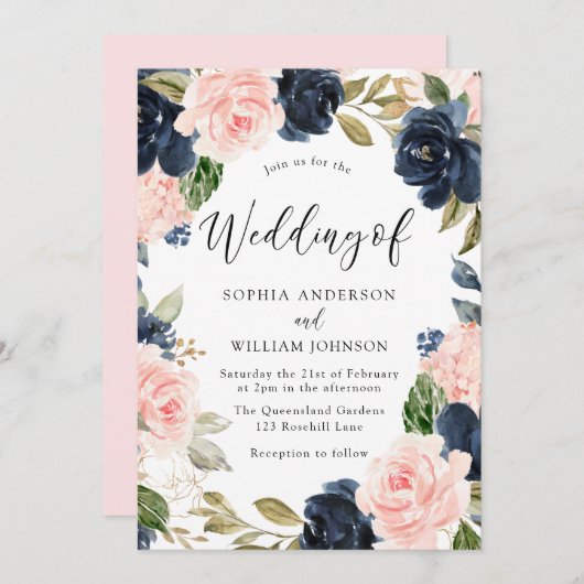 ネイビー&赤面ウォーターカラーフローラリース結婚ズ 招待状 (正面/裏面)