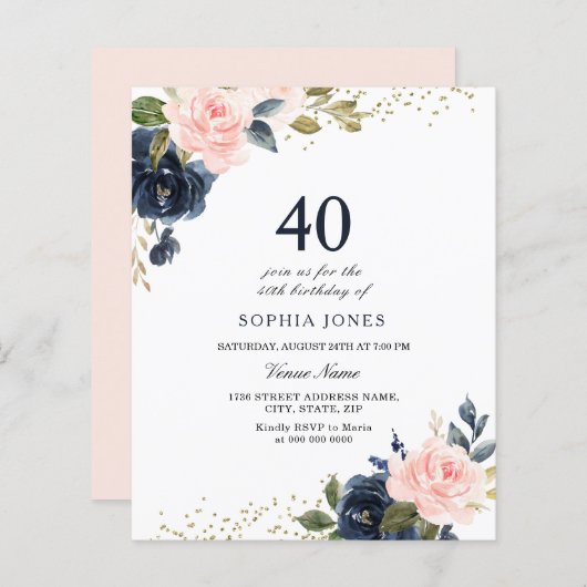 ネイビー&赤面バジェット40th誕生日招待状 (正面/裏面)